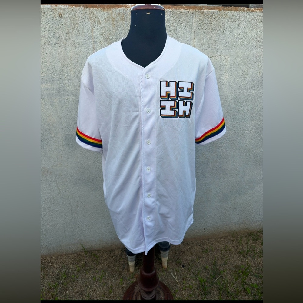 Hawaii's HI Finest Baseball Jersey White Reggae Rainbow Button Shirt Men's 2XL